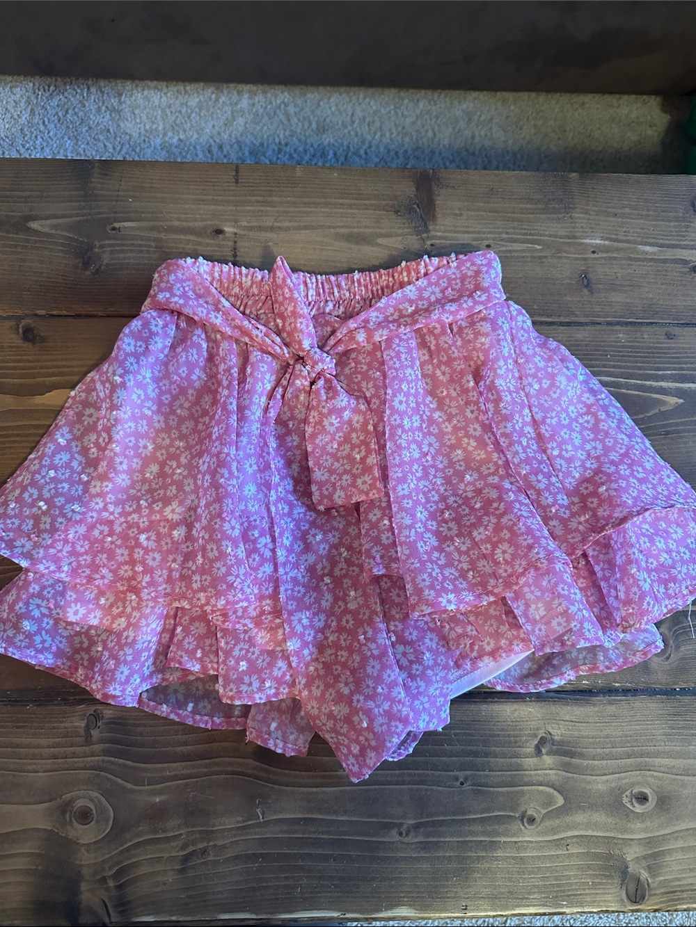 Floral Pink Ruffle Mini Skirt with Waist Tie - Picture 1 of 2